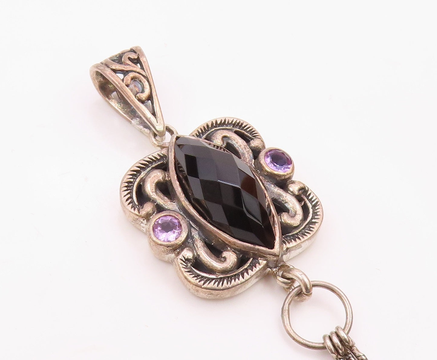 925 Sterling Silver  Vintage Black Spinel & Amethyst Swirl Pendant  PT18492