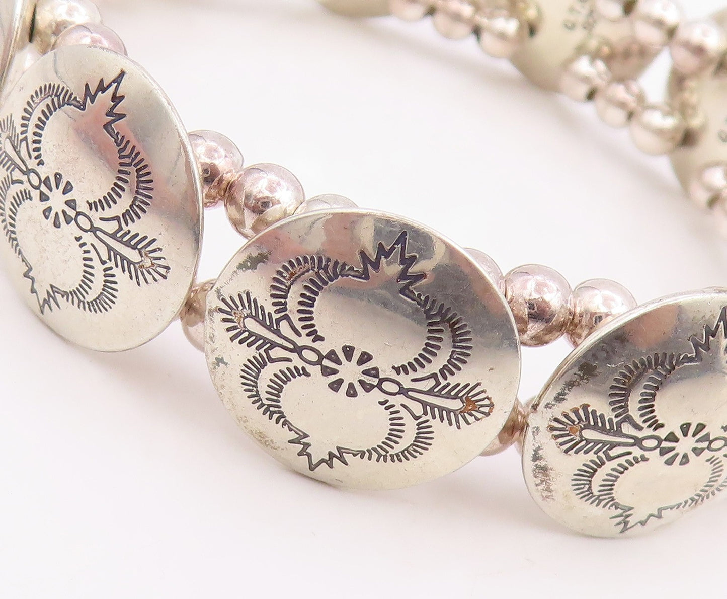 925 Sterling Silver Vintage Bracelet NAVAJO Etched Concho Panel Link  BT11864