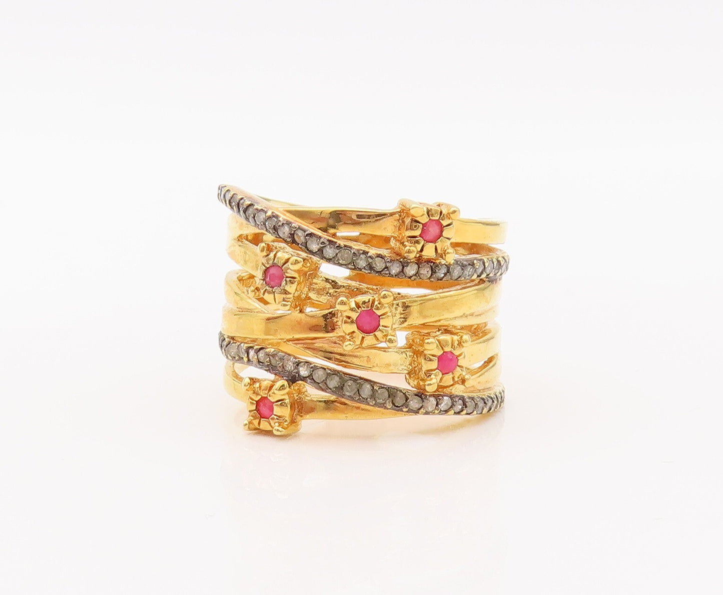 925 Sterling Silver Vintage Ring Gold Plated Ruby & Diamonds  Sz 8  RG29917
