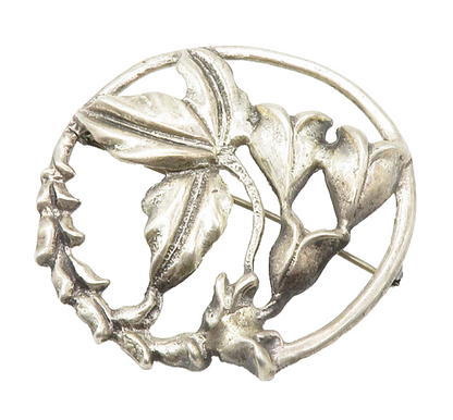 925 Sterling Silver  Vintage Shiny Floral Leaves Round Brooch Pin  BP5576
