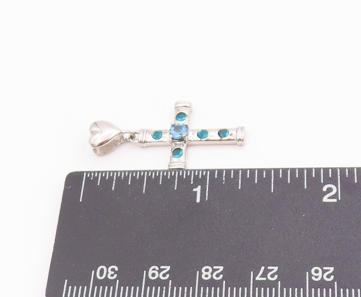 925 Sterling Silver Vintage Pendant Blue Topaz Religious Cross & Heart  PT24914