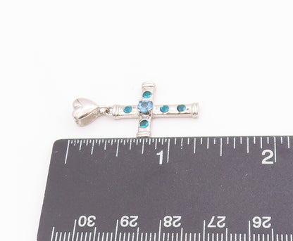 925 Sterling Silver Vintage Pendant Blue Topaz Religious Cross & Heart  PT24914