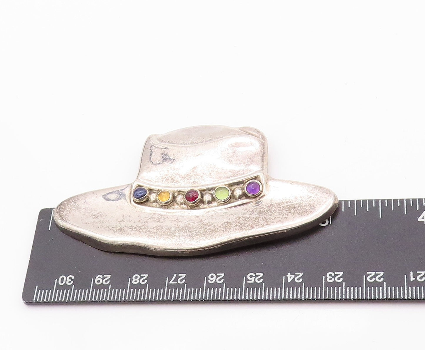 925 Sterling Silver Vintage Brooch Cabochon Gemstones Cow Boy Hat  BP11579