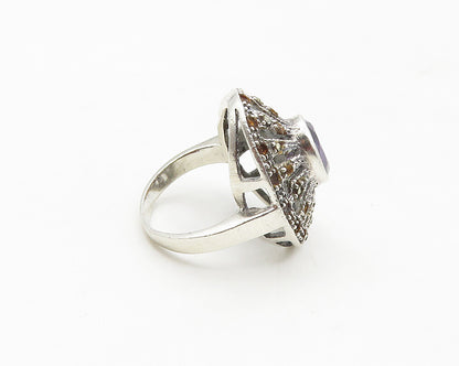 925 Sterling Silver Amethyst & Marcasite Cutout Cocktail Ring Sz 5  RG17459