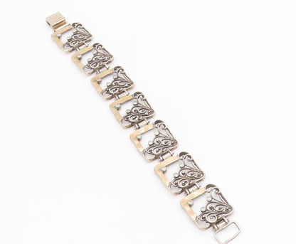 14k Gold & 925 Sterling Silver Vintage Bracelet CZ Floral Panel Link  BT11846