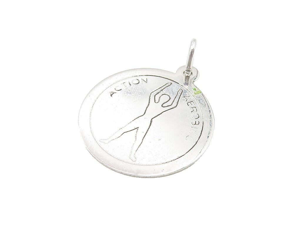 925 Sterling Silver  Shiny Etched Action Aerobics Round Drop Pendant  PT8936
