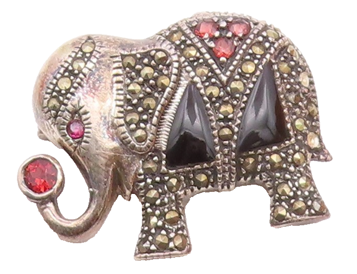 925 Silver  Vintage Spinel Onyx & Multi Stone Elephant Brooch Pin  BP9578