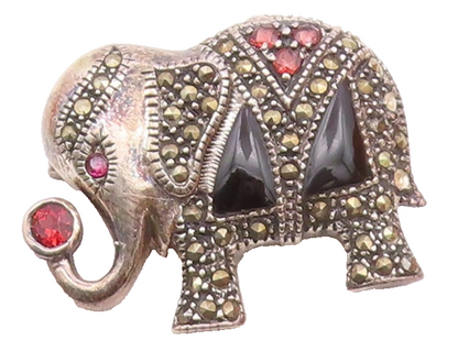 925 Silver  Vintage Spinel Onyx & Multi Stone Elephant Brooch Pin  BP9578