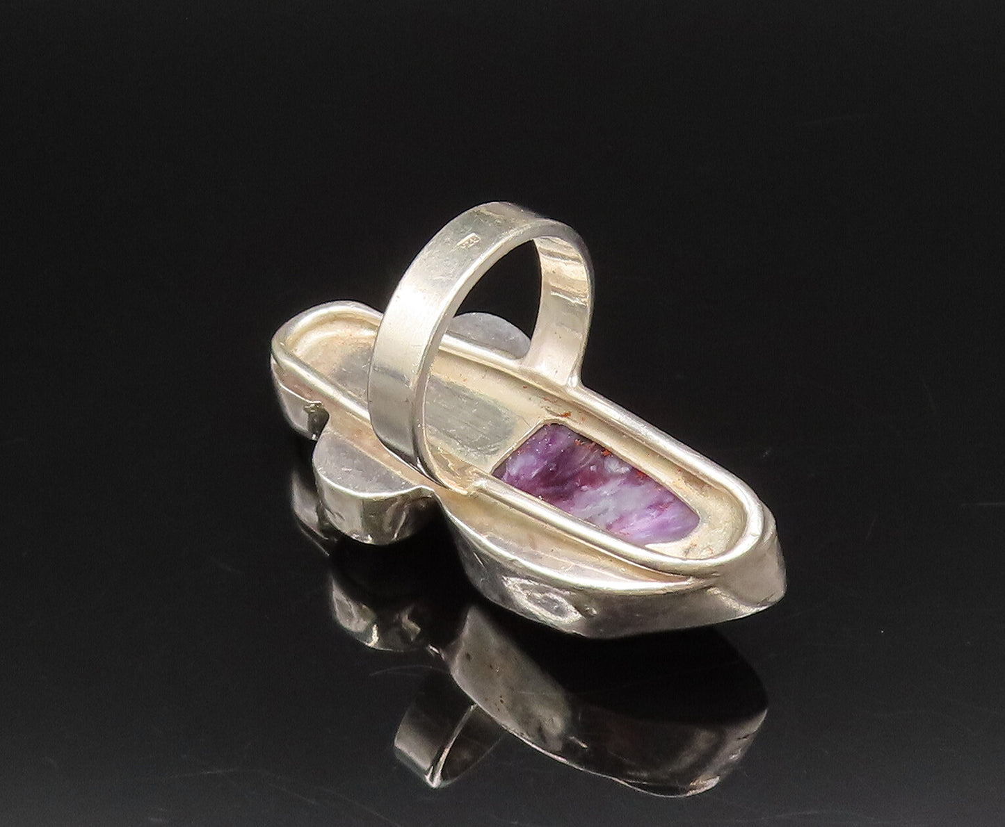 925 Silver  Vintage Mother Of Pearl & Charoite Full Finger Ring Sz 9  RG26054