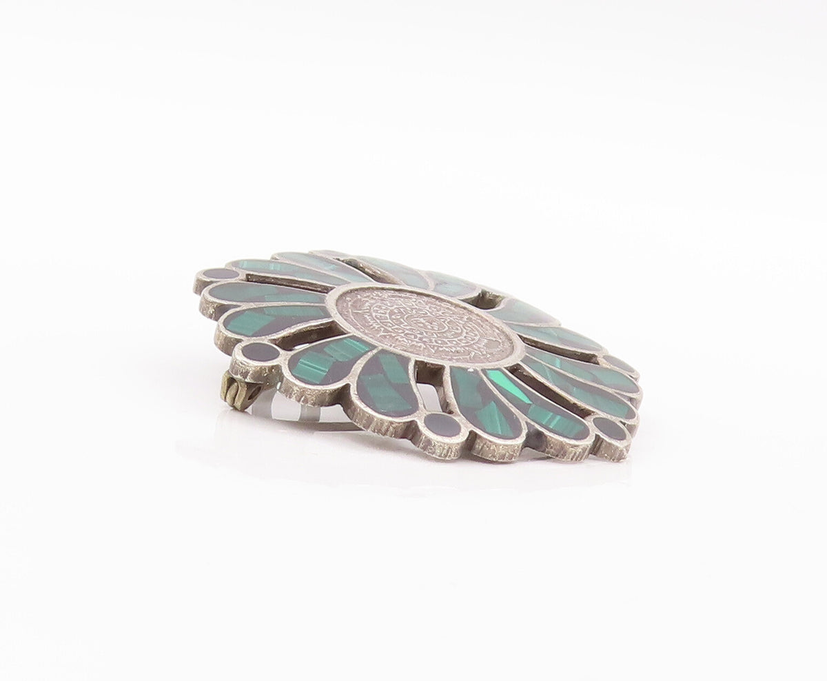 925 Sterling Silver Vintage Brooch Pin MEXICO Malachite Celtic Flower  BP10953