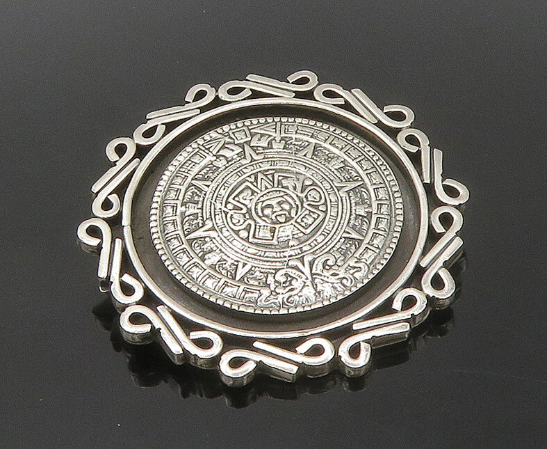 AVG TAXCO 925 Silver  Vintage Mayan Aztec Sun Calendar Brooch Pin  BP6939