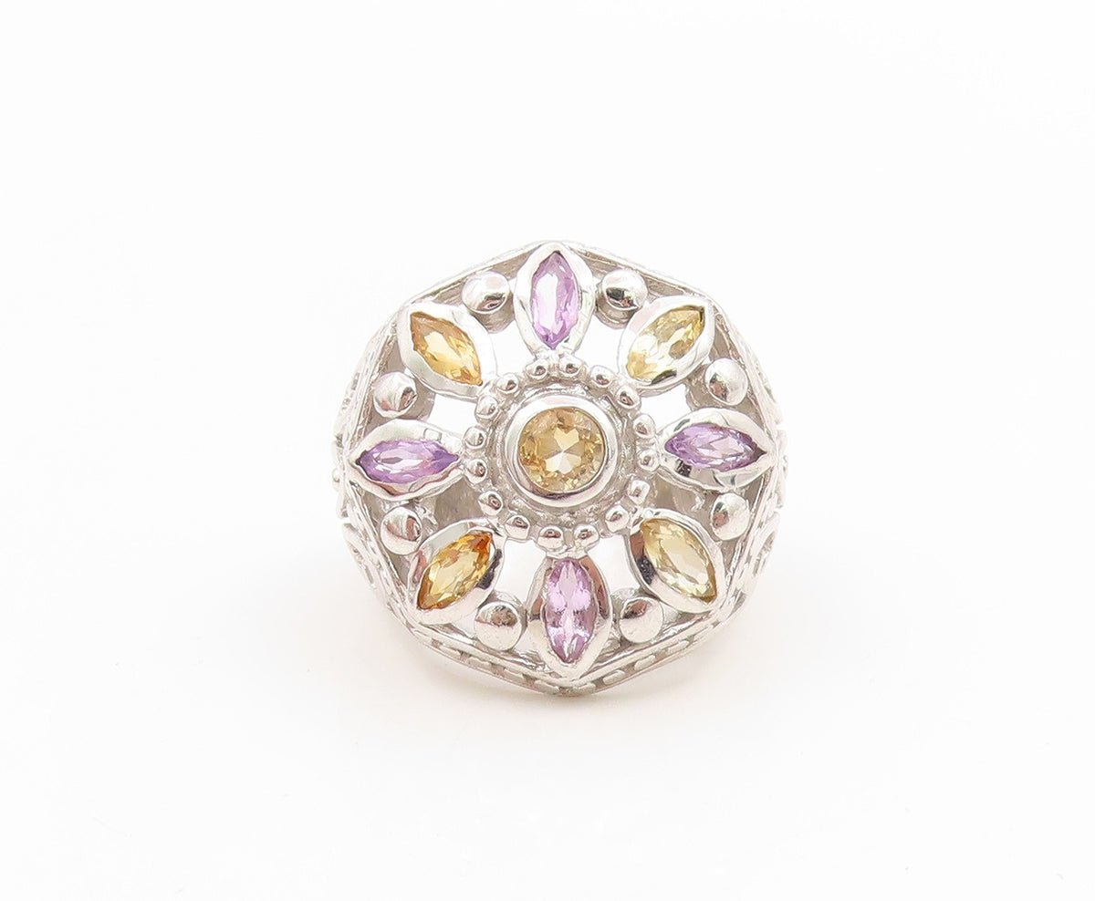 925 Sterling Silver Vintage Ring Amethyst & Citrine Floral Band  Sz 6  RG36157