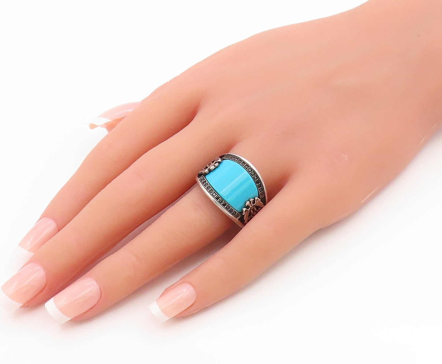 925 Sterling Silver Vintage Ring Turquoise & Spinel Eagle Band  Sz 11  RG36077