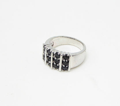 925 Sterling Silver Faceted Round Cut Sapphire Linear Band Ring Sz 6.5 RG3453