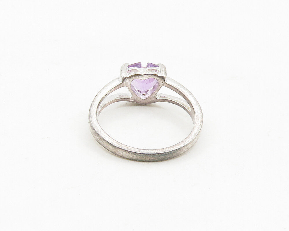 925 Sterling Silver  Prong Set Amethyst Love Heart Band Ring Sz 6  RG17673