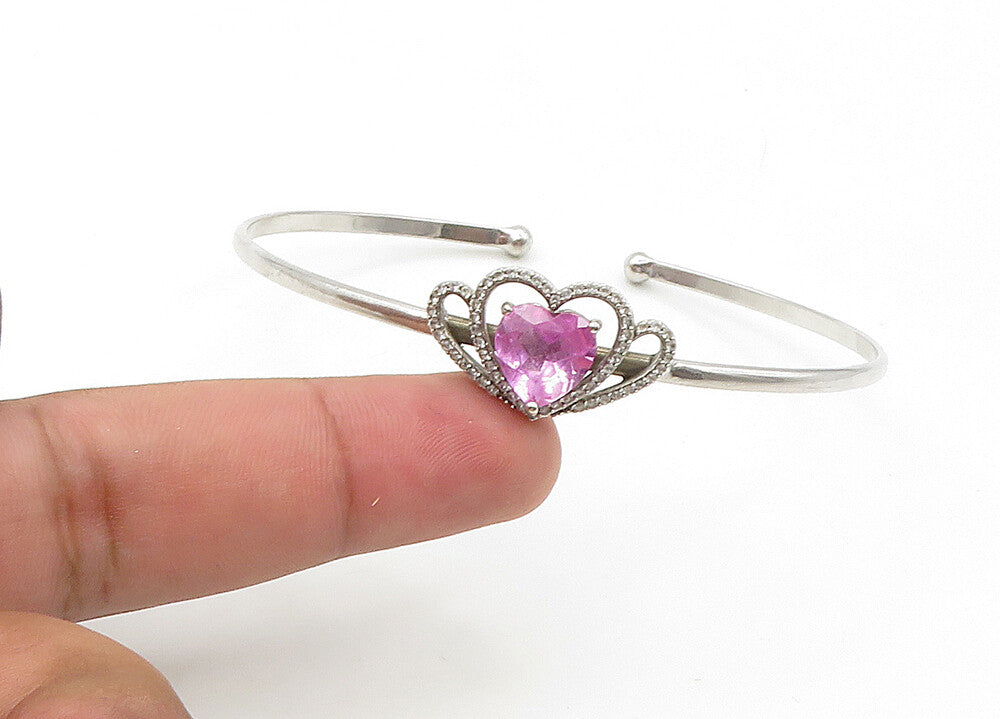 925 Silver  Vintage Genuine Diamonds & Pink Topaz Heart Cuff Bracelet  BT8541