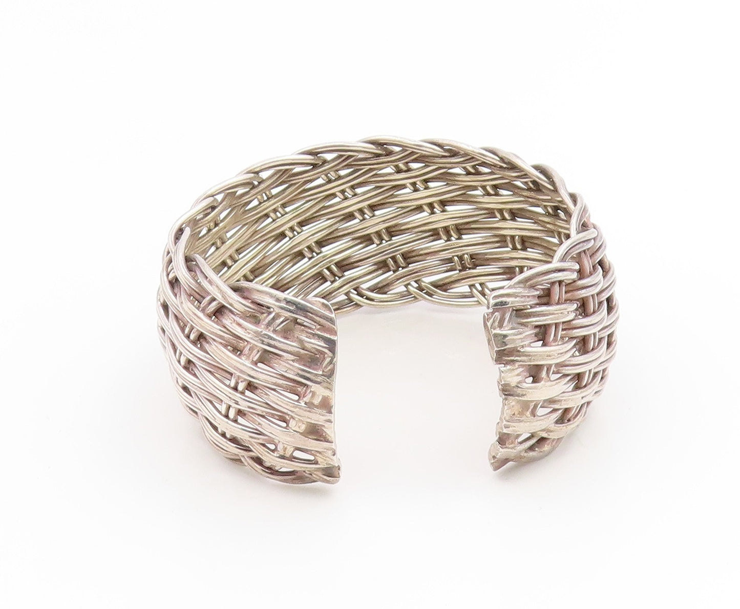 925 Sterling Silver Vintage Bracelet Modernist Basketweave Wide Cuff  BT11917