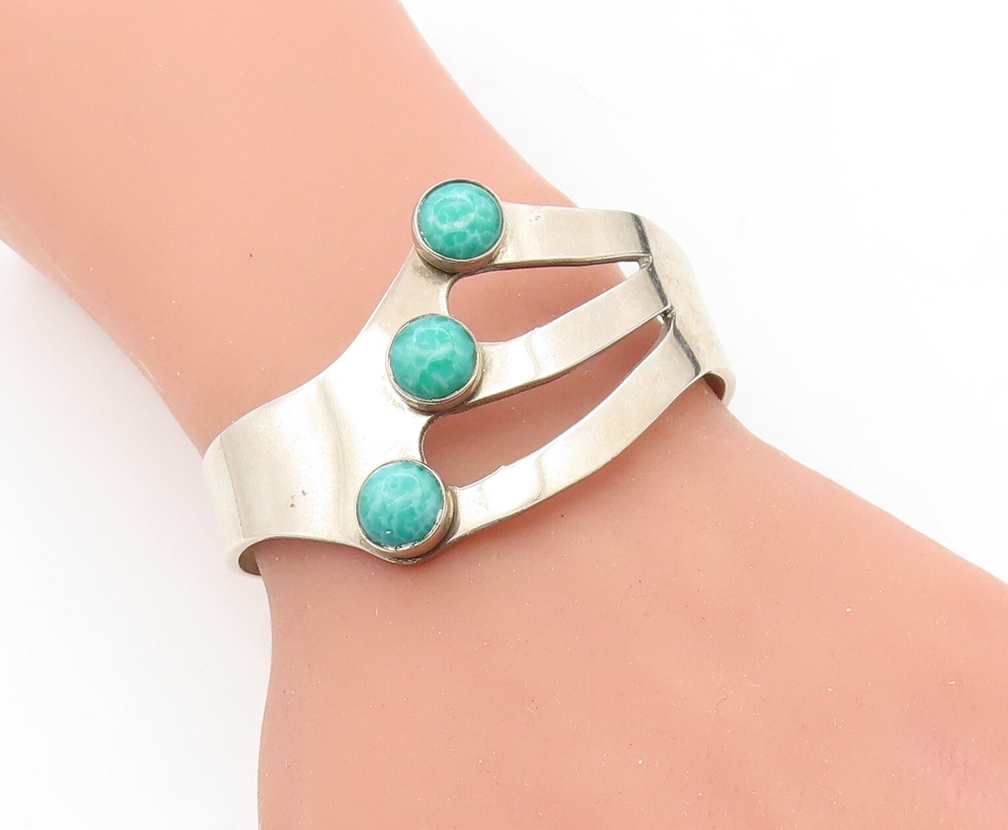 MEXICO 925 Sterling Silver Vintage Malachite Cutout Cuff Bracelet BT2662