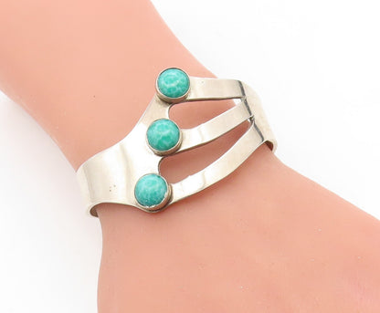 MEXICO 925 Sterling Silver Vintage Malachite Cutout Cuff Bracelet BT2662