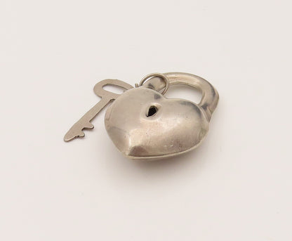 925 Sterling Silver  Vintage Puffed Heart Shaped Lock & Key Pendant  PT21982