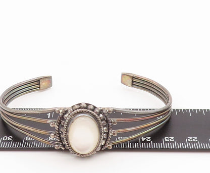 925 Sterling Silver Vintage Bracelet BALI Oval Mother Of Pearls Cuff  BT10998