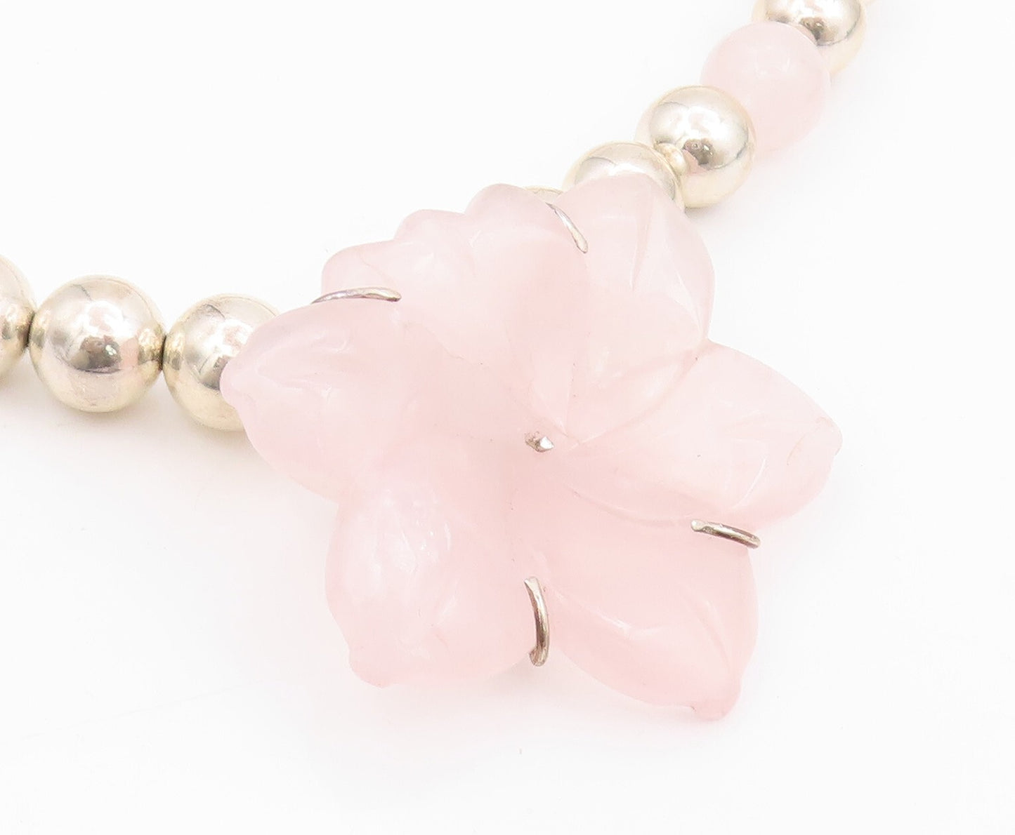 925 Sterling Silver Vintage Necklace Designer Gemstone Carved Flower  NE4464