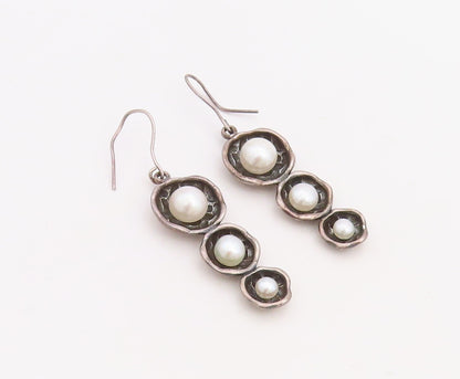 925 Sterling Silver Vintage Earrings Dark Tone Pearl Floral Cutout   EG13258