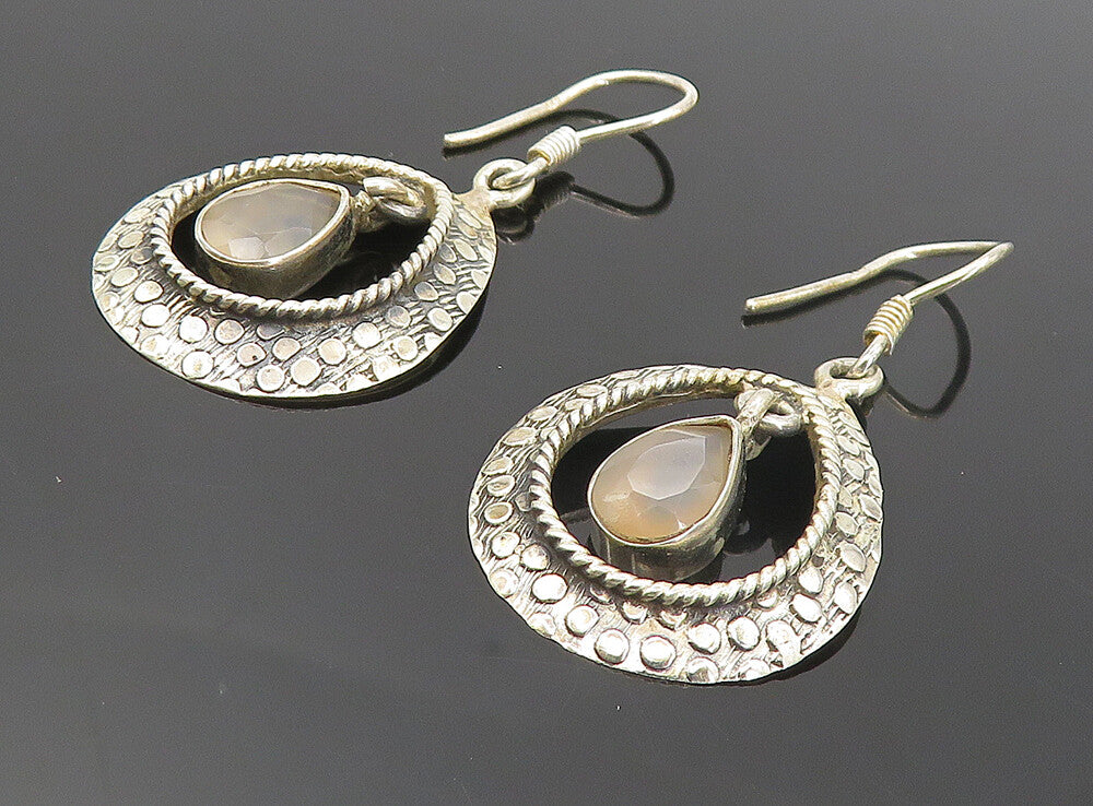 925 Sterling Silver  Vintage Tear Drop Quartz Patterned Dangle Earrings EG3713