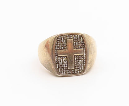 925 Sterling Silver Vintage Ring Real Diamonds Religious Cross  Sz 9  RG35900