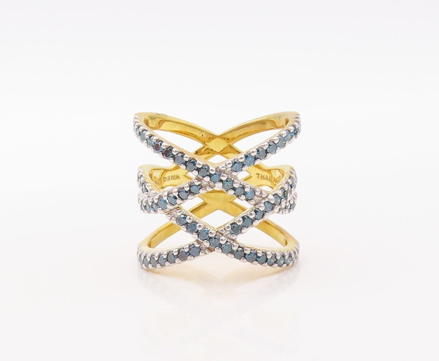 925 Sterling Silver Vintage Ring Gold Plated Cutout Blue Diamonds Sz 7.5 RG30583