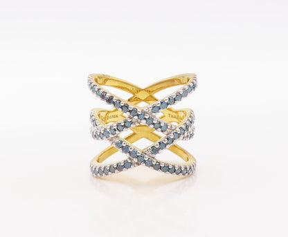 925 Sterling Silver Vintage Ring Gold Plated Cutout Blue Diamonds Sz 7.5 RG30583