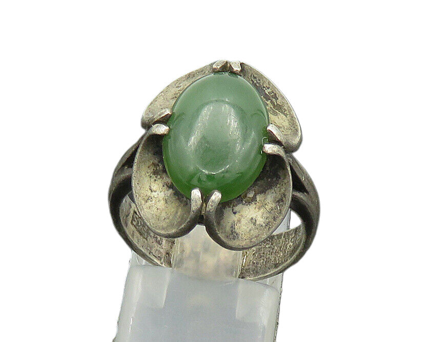 EUROPEAN 925 Silver  Vintage Antique Green Jasper Cocktail Ring Sz 8  RG20879