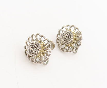 925 Sterling Silver  Vintage Twisted Rope Flower Screw Back Earrings  EG12629