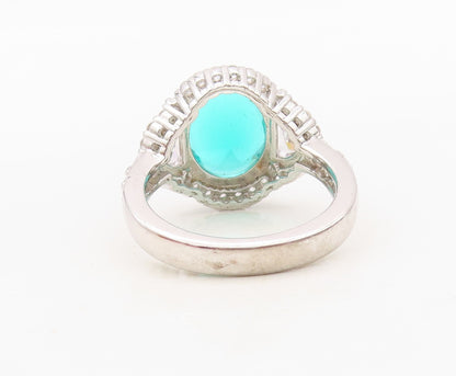 925 Sterling Silver Vintage Ring Oval Sea Green White & CZ Inlay  Sz 7  RG30369