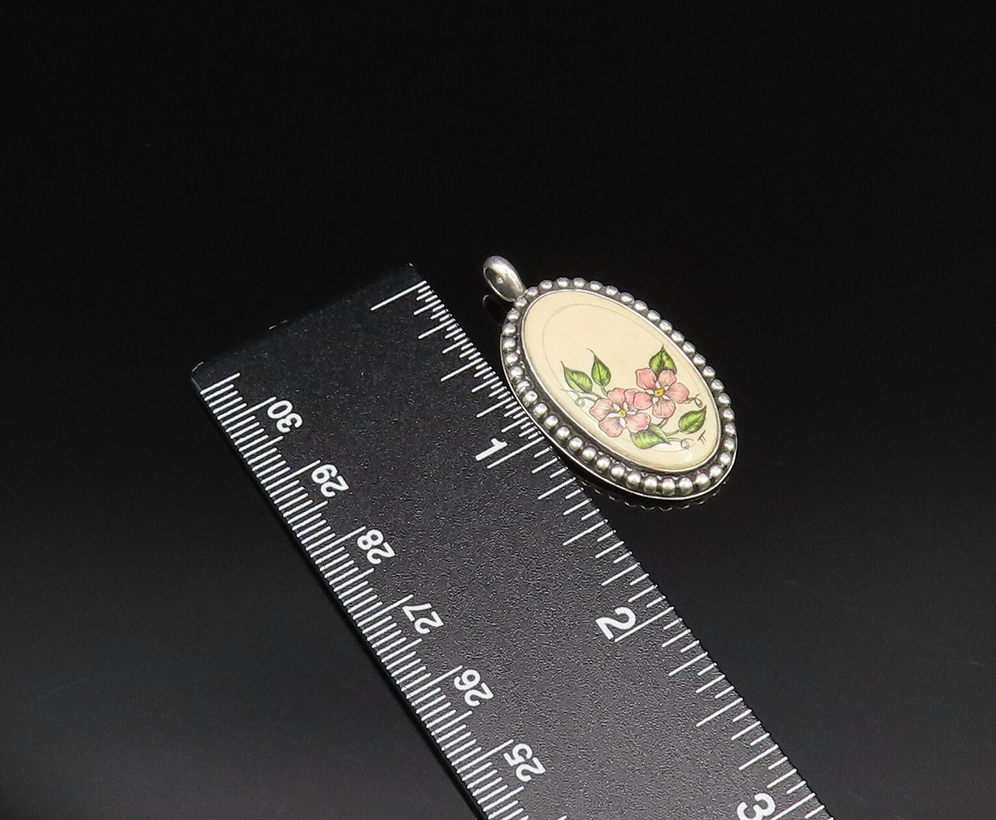 NAVAJO 925 Silver  Vintage Beaded Edge Floral Enamel Art Drop Pendant  PT21527