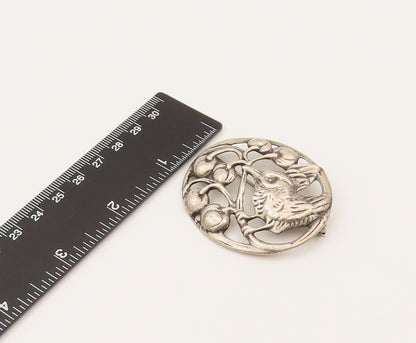 925 Silver  Vintage Antique Garden Bird & Cherries Cutout Brooch Pin  BP10204