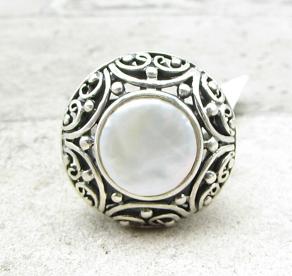 925 Sterling Silver  Mother of Pearl & Marcasite Filigree Ring Sz 7.5  RG1420