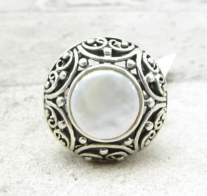 925 Sterling Silver  Mother of Pearl & Marcasite Filigree Ring Sz 7.5  RG1420