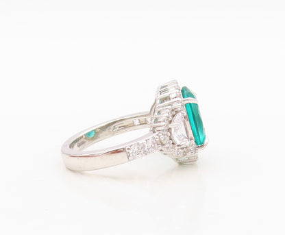 925 Sterling Silver Vintage Ring Oval Sea Green Halo White CZ Inlay Sz 7 RG30449