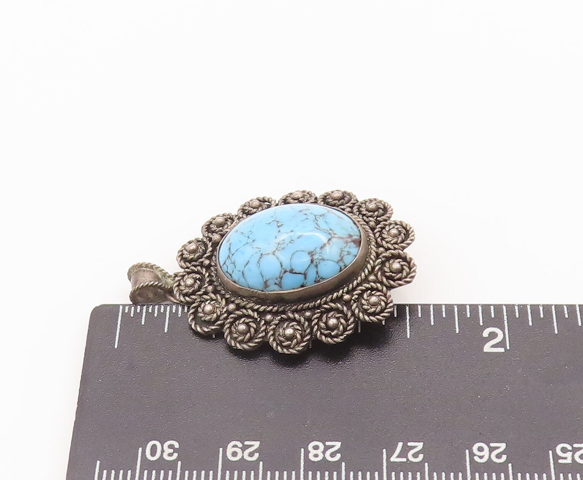 925 Sterling Silver Vintage Brooch Pin ISRAEL Turquoise Roped Flowers  BP10703