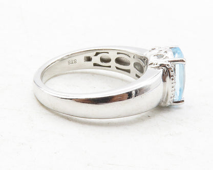 925 Sterling Silver  Prong Set Blue Topaz Shiny Smooth Band Ring Sz 7  RG12458