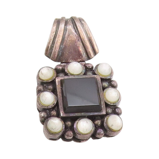 925 Sterling Silver Vintage Pendant Onyx Halo Beaded Cat's Eye  PT24443