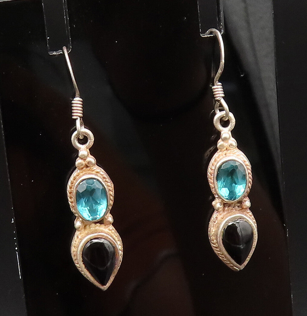 925 Silver  Vintage Oval Blue Topaz & Pear Shaped Onyx Drop Earrings  EG12224