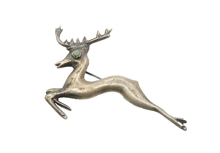 MEXICO 925 Silver - Vintage Antique Turquoise Eye Reindeer Brooch Pin - BP7013