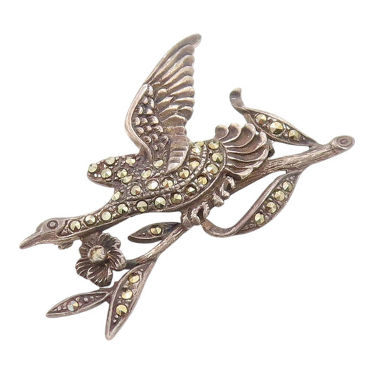 925 Sterling Silver Vintage Brooch Pin Classic Marcasite Bird On Branch  BP12519