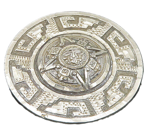 MEXICO 925 Silver  Vintage Shiny Mayan Aztec Sun Calendar Brooch Pin  BP7558
