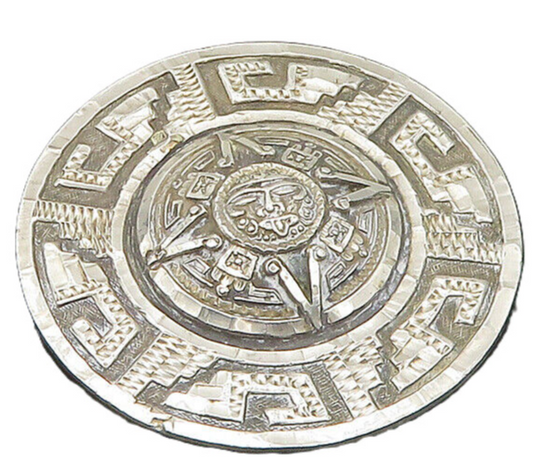 MEXICO 925 Silver  Vintage Shiny Mayan Aztec Sun Calendar Brooch Pin  BP7558