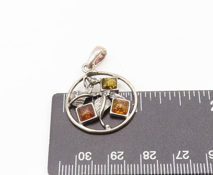 POLAND 925 Sterling Silver  Vintage Floral Cutout Amber Round Pendant  PT22406