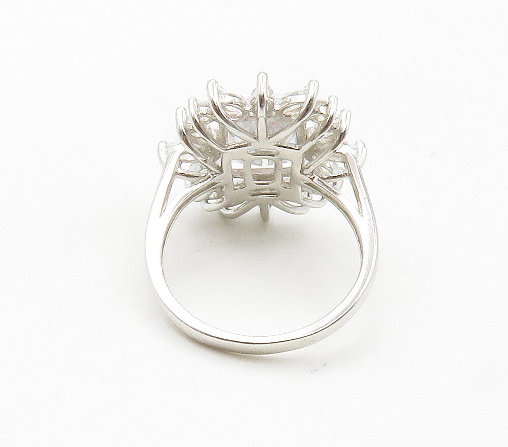 925 Sterling Silver  Shiny Cubic Zirconia Floral Cocktail Ring Sz 6  RG15270