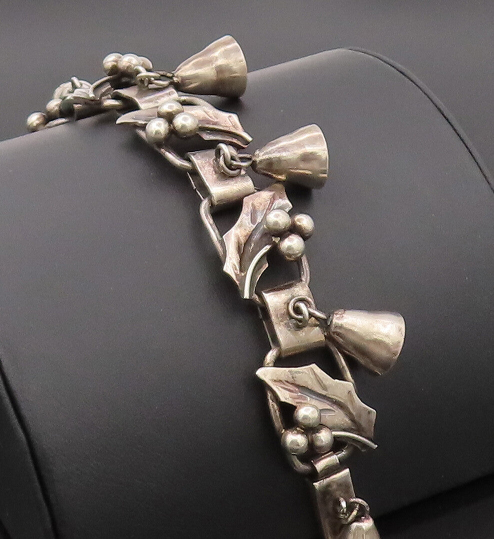 MEXICO 925 Silver  Vintage Framed Leaf With Cherry & Jingles  Bracelet  BT9869